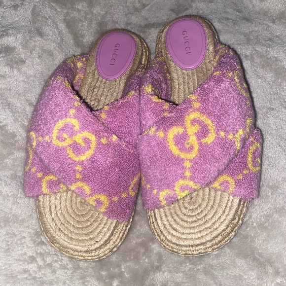 Gucci Shoes - Gucci Pink & Yellow Terry Crossband Espadrille Slides